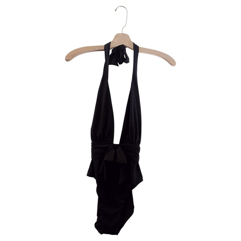 WeWoreWhat One Piece Swimsuit Bikini Halter Plunging Neckline Black